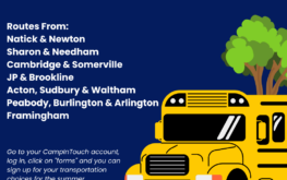 A yellow school bus drives on a road with trees and a blue sky. Text lists towns for bus sign ups, including Natick, Newton, Sharon, Needham, Cambridge, Somerville, and others. Instructions for signing up are included.