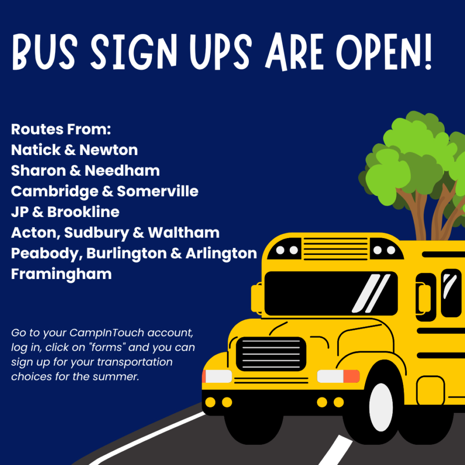 A yellow school bus drives on a road with trees and a blue sky. Text lists towns for bus sign ups, including Natick, Newton, Sharon, Needham, Cambridge, Somerville, and others. Instructions for signing up are included.