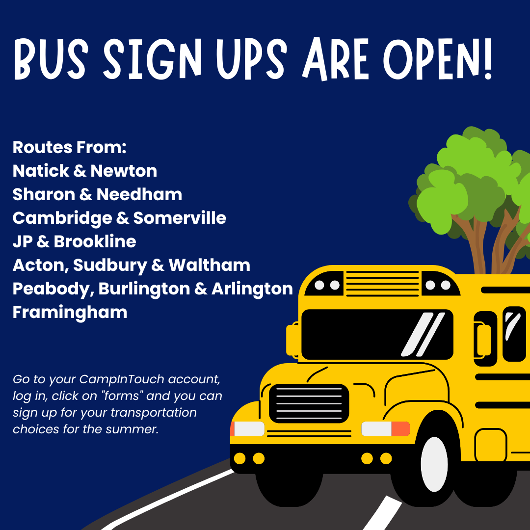 A yellow school bus drives on a road with trees and a blue sky. Text lists towns for bus sign ups, including Natick, Newton, Sharon, Needham, Cambridge, Somerville, and others. Instructions for signing up are included.
